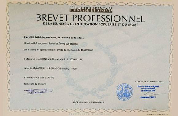 Brevet professionnel de Lise Français