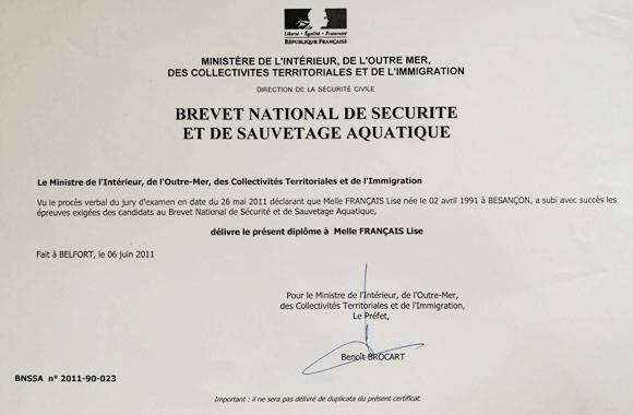 Brevet national de sécurité et de sauvetage aquatique de Lise Français
